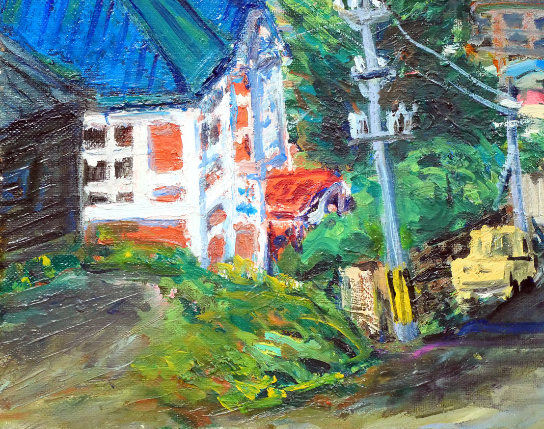 木島務「幸坂から見た眺望(旧ロシア領事館前、函館どつく)」油絵・F10号 拡大画像3