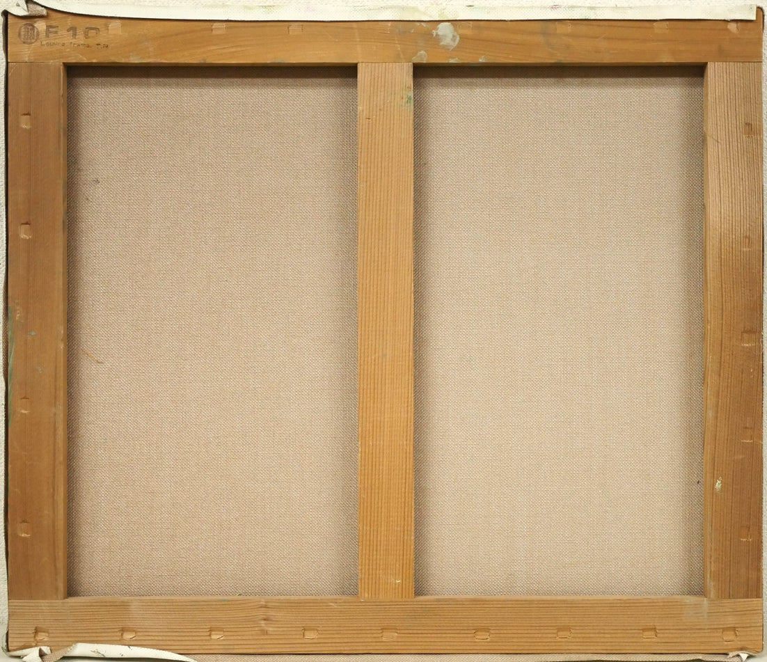 木島務「幸坂から見た眺望(旧ロシア領事館前、函館どつく)」油絵・F10号 キャンバス裏側画像