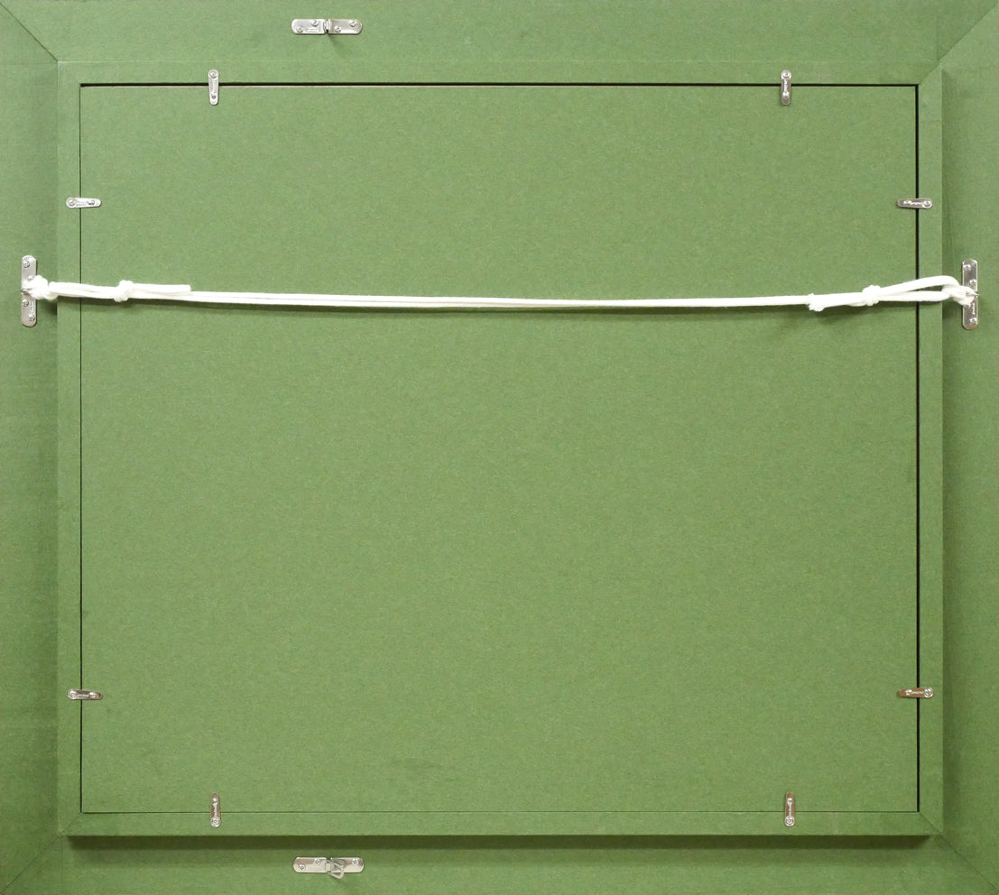 木島務「幸坂から見た眺望(旧ロシア領事館前、函館どつく)」油絵・F10号 額縁裏側画像