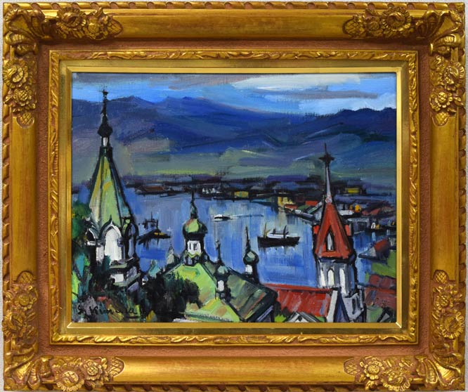 木村捷司「函館港夕景」油絵・F6号