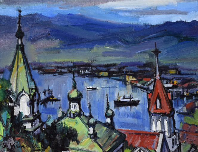 木村捷司「函館港夕景」油絵・F6号 作品全体拡大画像