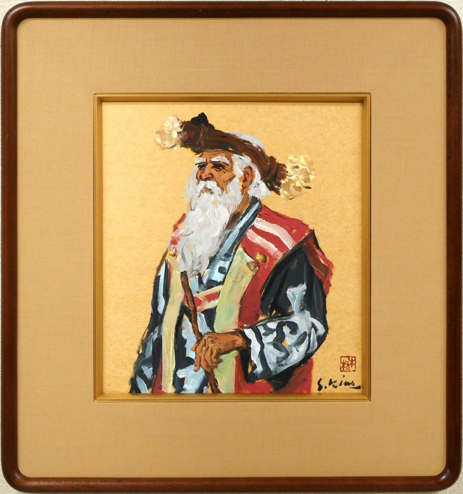 木村捷司「禮冠のエカシ」油絵・色紙