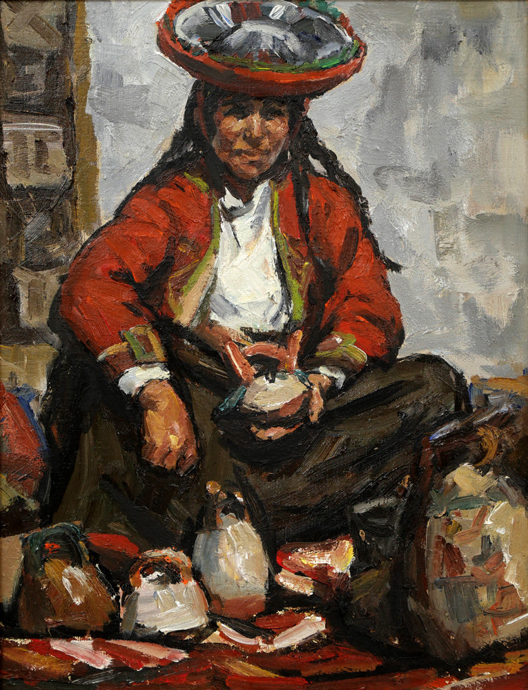 木村捷司「壺を売る女(ペルー・ピサクにて)」油絵・F6号 作品全体拡大画像