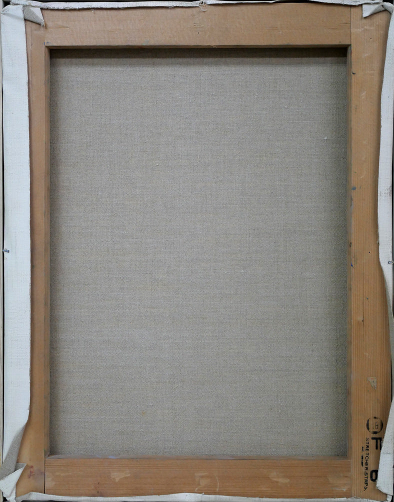 木村捷司「壺を売る女(ペルー・ピサクにて)」油絵・F6号 キャンバス裏側画像