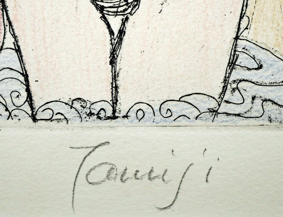 北川民雄「水浴」銅版画に手彩色 本人直筆鉛筆サイン