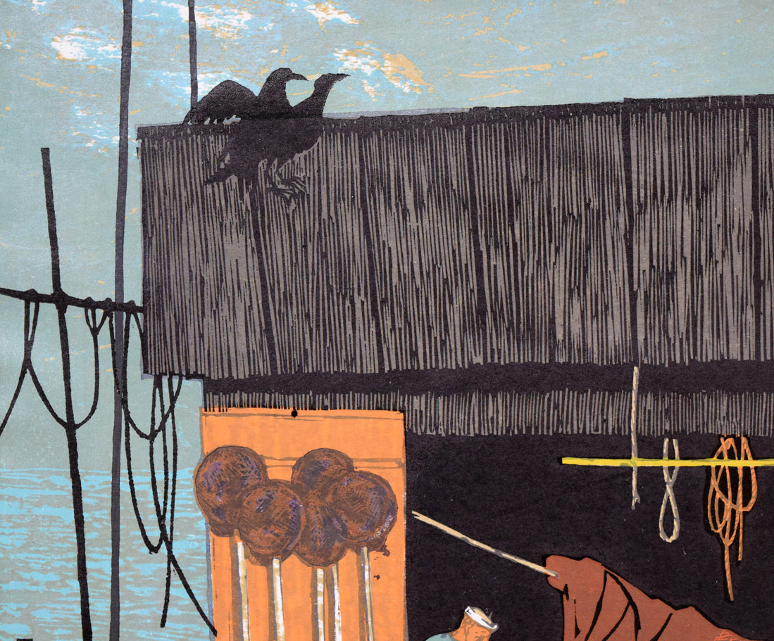 北岡文雄「網小屋の老人」木版画 拡大画像1