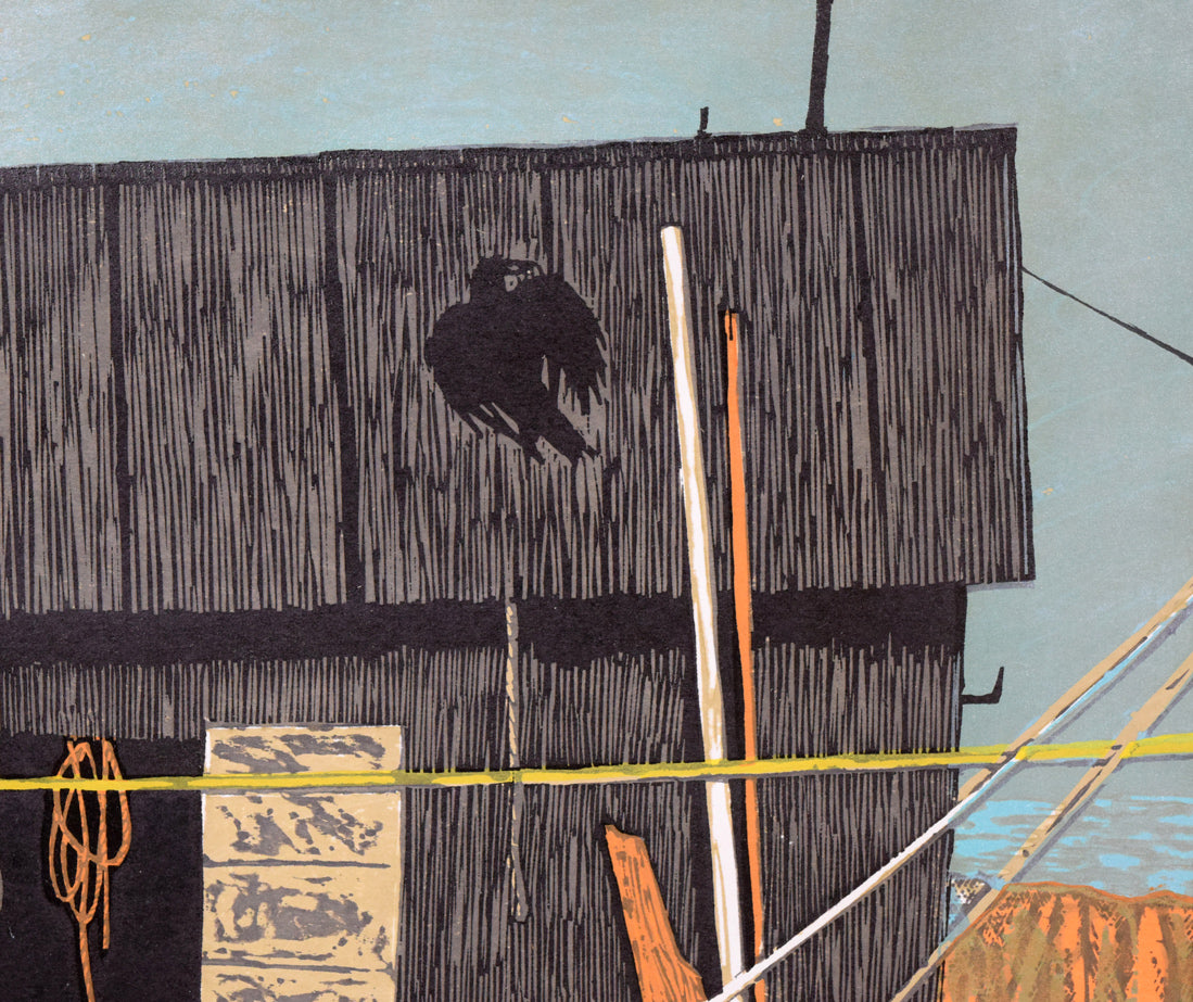 北岡文雄「網小屋の老人」木版画 拡大画像2