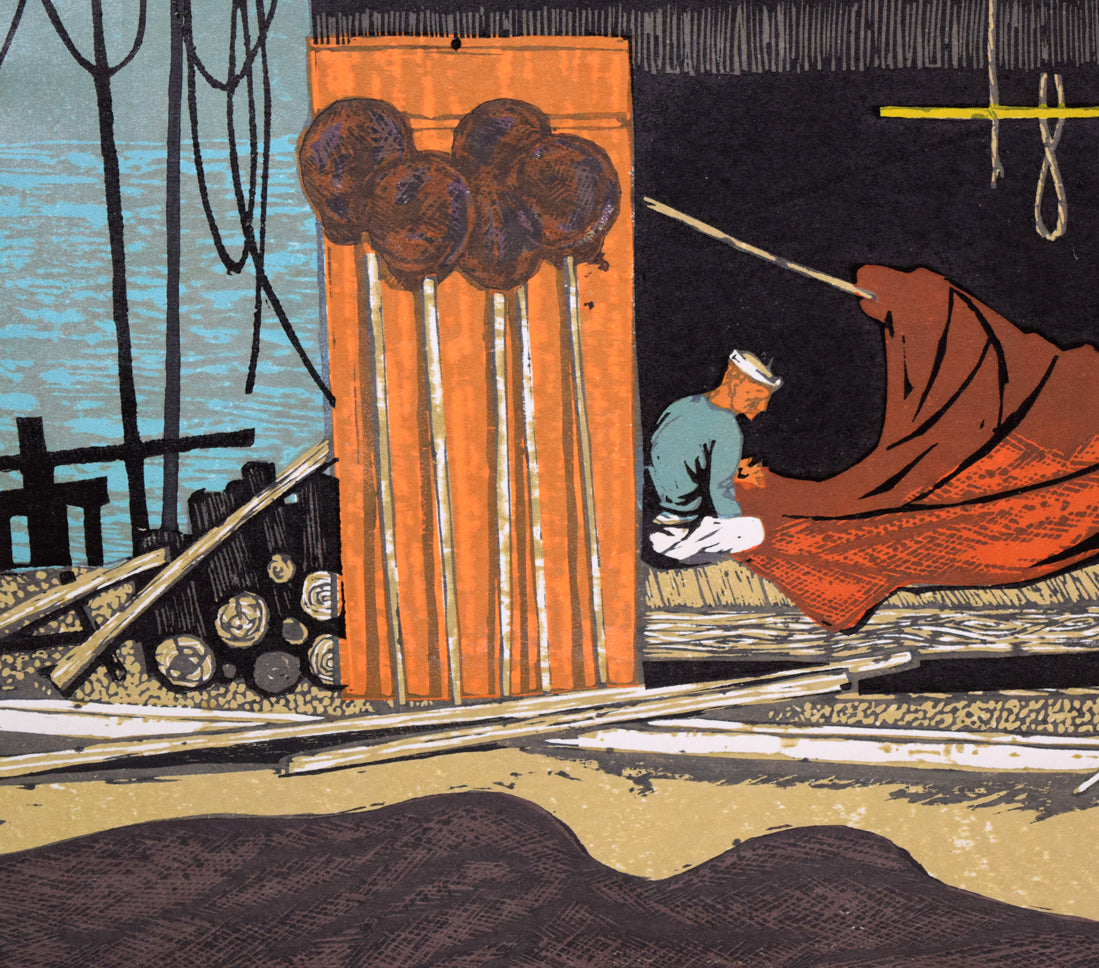 北岡文雄「網小屋の老人」木版画 拡大画像3