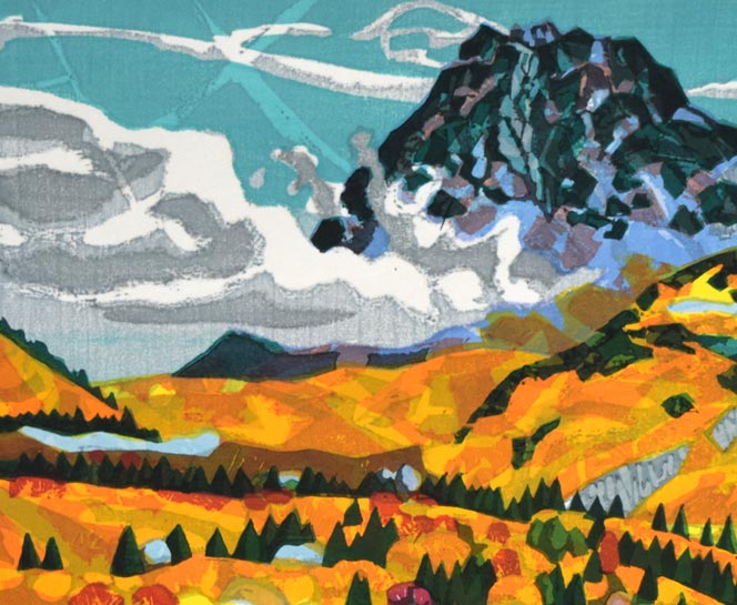 北岡文雄「羅臼岳錦秋」木版画 拡大画像1