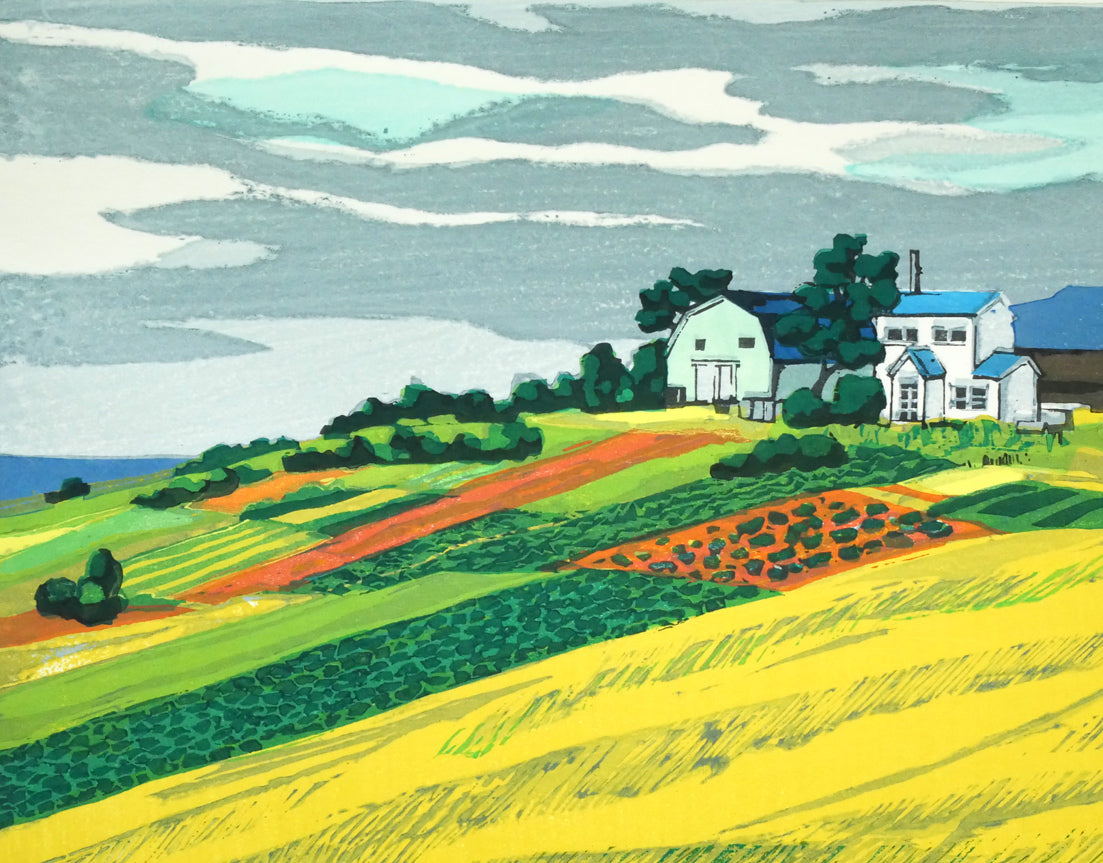 北岡文雄「海の見える農場」木版画 拡大画像1