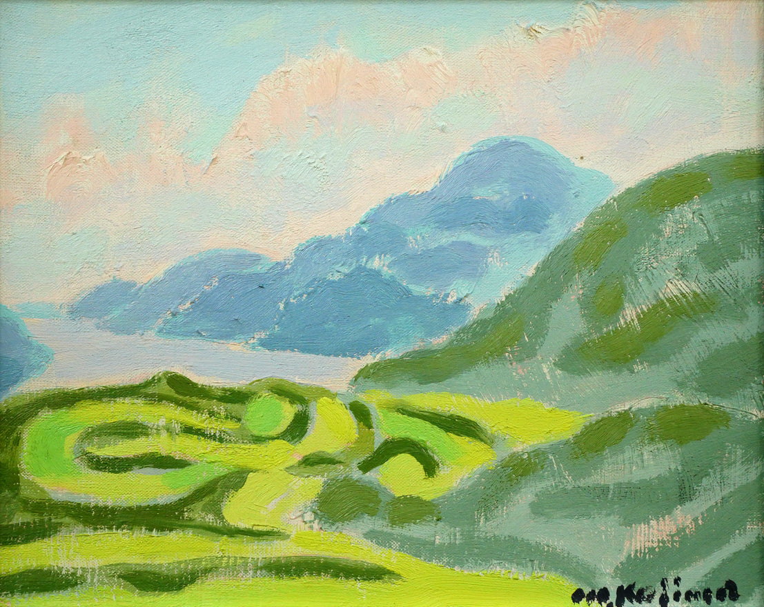 小島真佐吉「芦ノ湖遠望(乙女峠ヨリ)」油絵・F3号 作品全体拡大画像