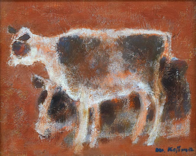 小島真佐吉「二頭の牛」油絵・F3号　作品全体拡大画像