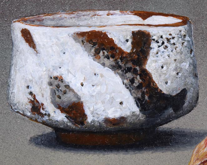 小阪正次「志野茶碗とほうずき」油絵・SM 拡大画像2