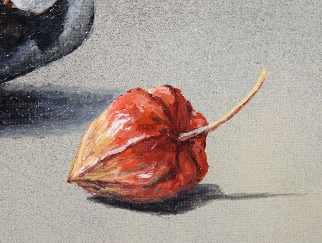 小阪正次「志野茶碗とほうずき」油絵・SM 拡大画像4