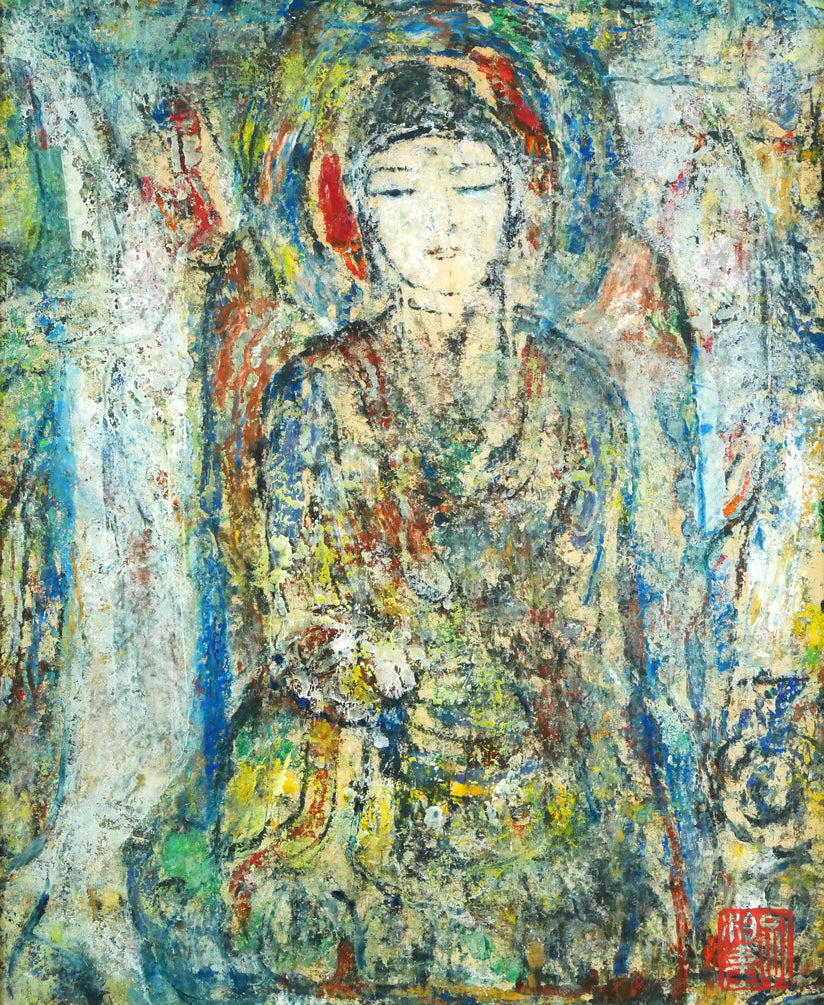 孔柏基(KONG Baiji)「菩薩」パネルに貼付した紙に油彩・F3号 作品全体拡大画像