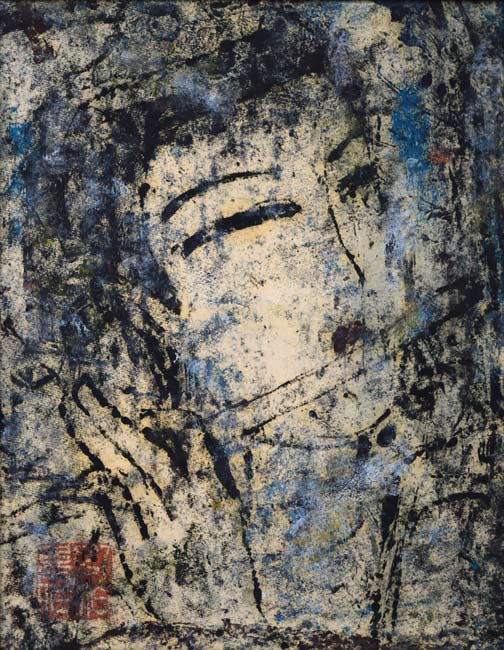 孔柏基(KONG Baiji)「伎楽(ぎがく)」パネルに貼付した紙に油彩・F6号 作品全体拡大画像