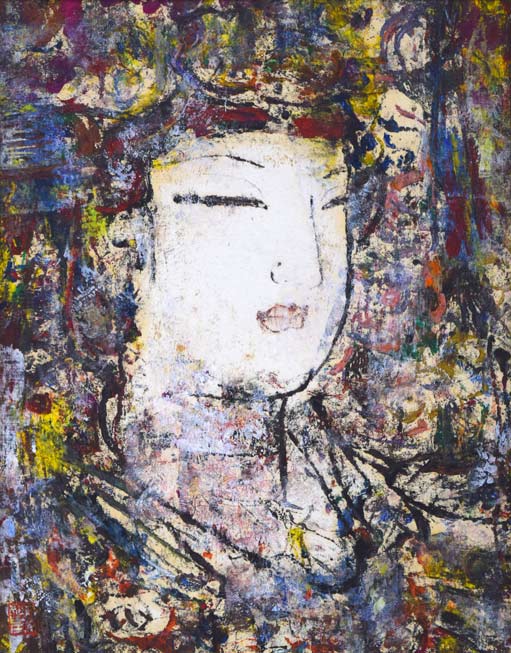 孔柏基(KONG Baiji)「王女」パネルに貼付した紙に油彩・F6号 作品全体拡大画像