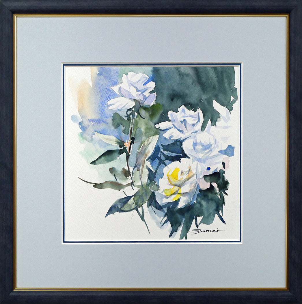 国井しゅうめい「白いバラ」水彩画(21×19cm)