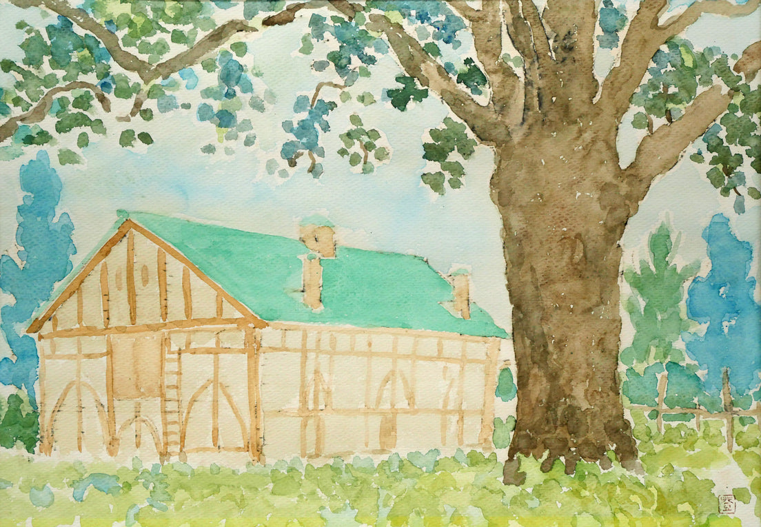 国松登「北大第二農場・種牛舎」水彩画・4号 作品全体画像