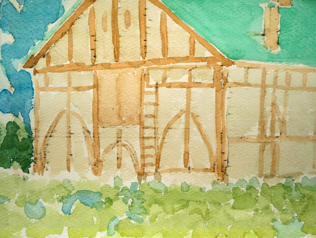 国松登「北大第二農場・種牛舎」水彩画・4号 拡大画像3