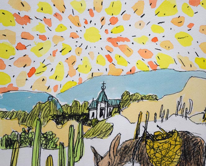 国松登「メキシコ小景」リトグラフに手彩色　拡大画像1