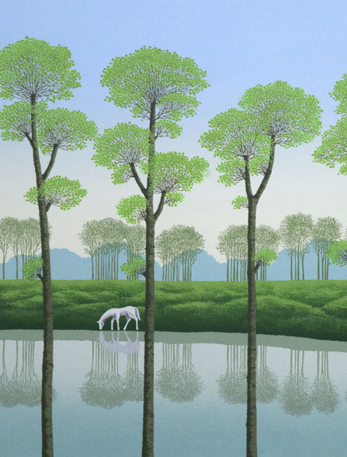 国武久巳「深緑の湖」シルクスクリーン版画　拡大画像1