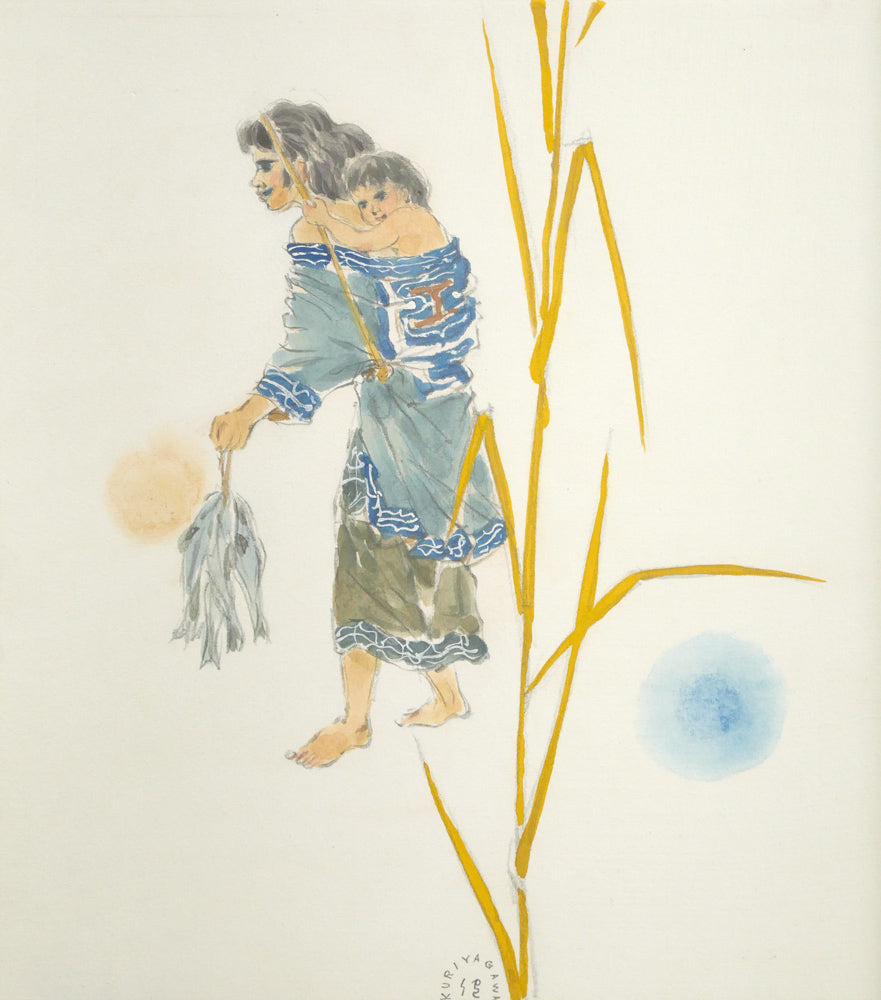 栗谷川健一「アイヌ母子像」水彩画・色紙 作品全体画像
