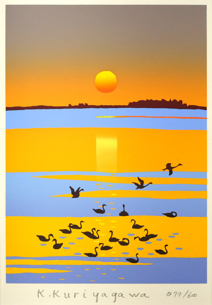 栗谷川健一「白鳥公園(涛沸湖)」シルクスクリーン版画 作品全体画像