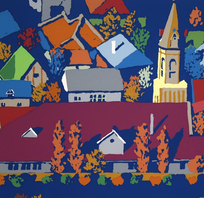 栗谷川健一「教会の街並み(函館)」シルクスクリーン版画 拡大画像1