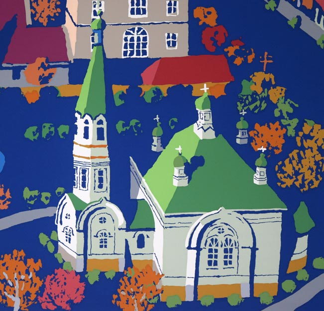 栗谷川健一「教会の街並み(函館)」シルクスクリーン版画 拡大画像4