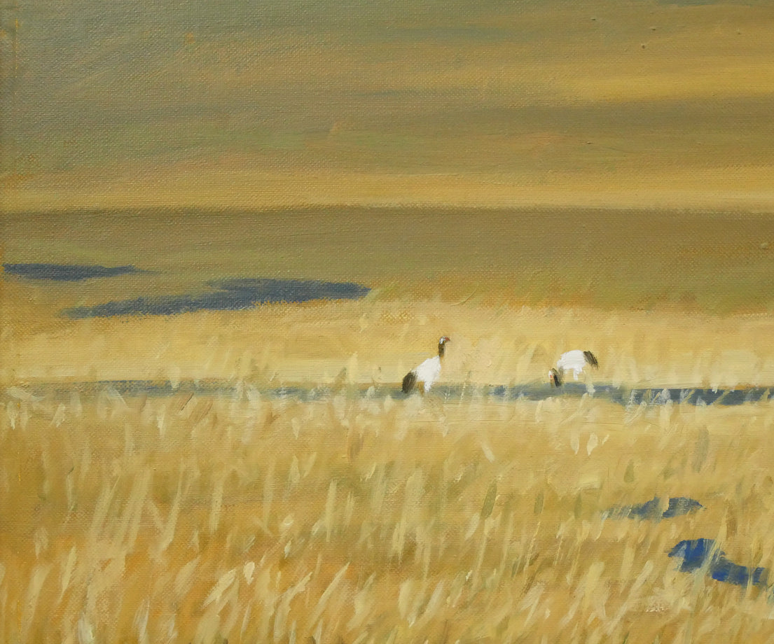 栗谷川健一「湿原の鶴(釧路)」油絵・F10号 拡大画像1