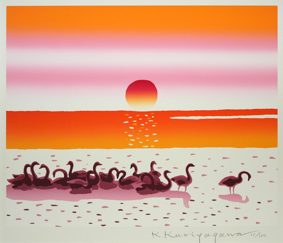 栗谷川健一「旅立ち近く(濤佛湖・白鳥公園)」シルクスクリーン版画 作品全体拡大画像