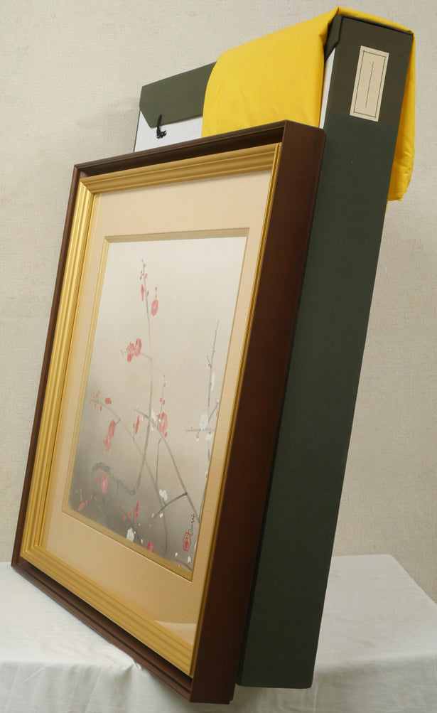 前田青邨「紅梅」日本画・10号大 付属品画像(黄袋、布タトウ箱)
