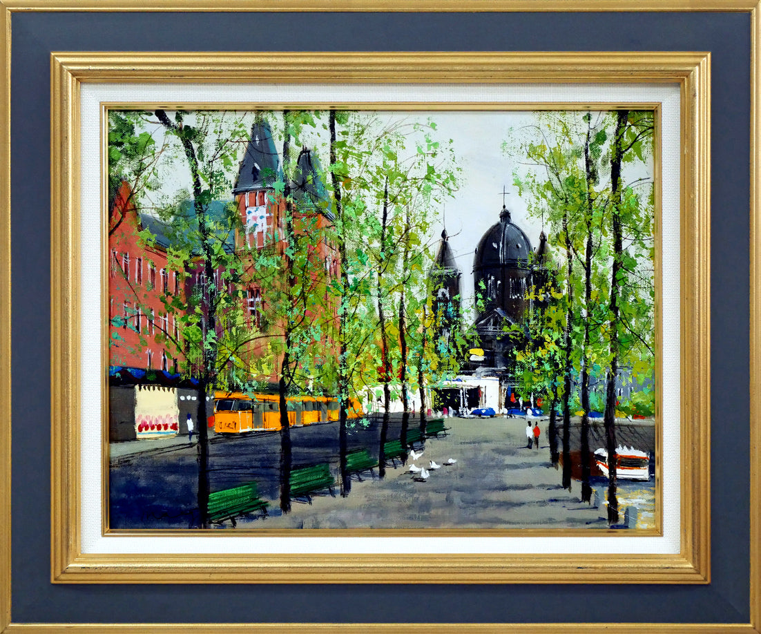 前島俊雄「運河沿いの並木(オランダ・アムステルダム)」油絵・F6号