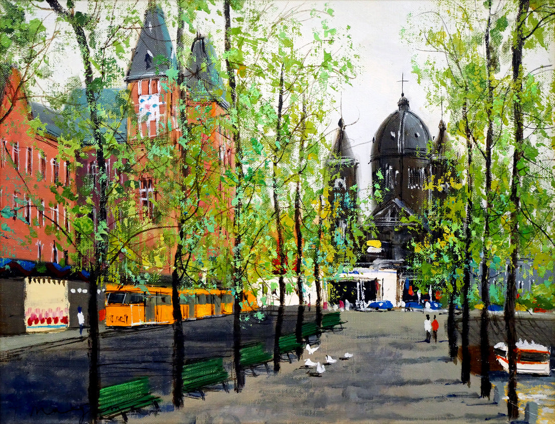 前島俊雄「運河沿いの並木(オランダ・アムステルダム)」油絵・F6号 作品全体画像