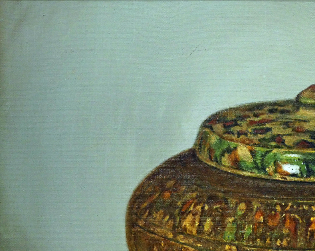 馬堀法眼喜孝「三彩蓋付壺(東京国立国立博物館収蔵・重文)」油絵・F6号 拡大画像1