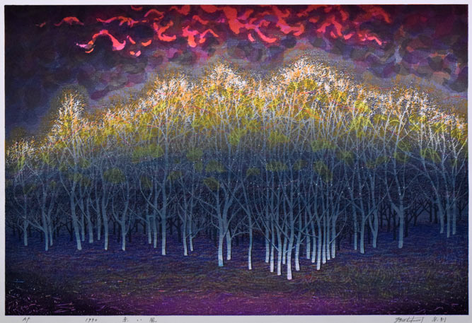 牧野宗則「赤い風」木版画 作品全体拡大画像