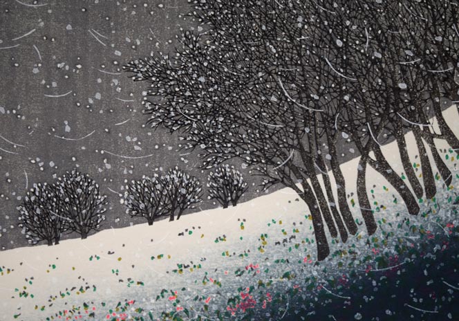 牧野宗則「雪月夜」木版画 拡大画像4