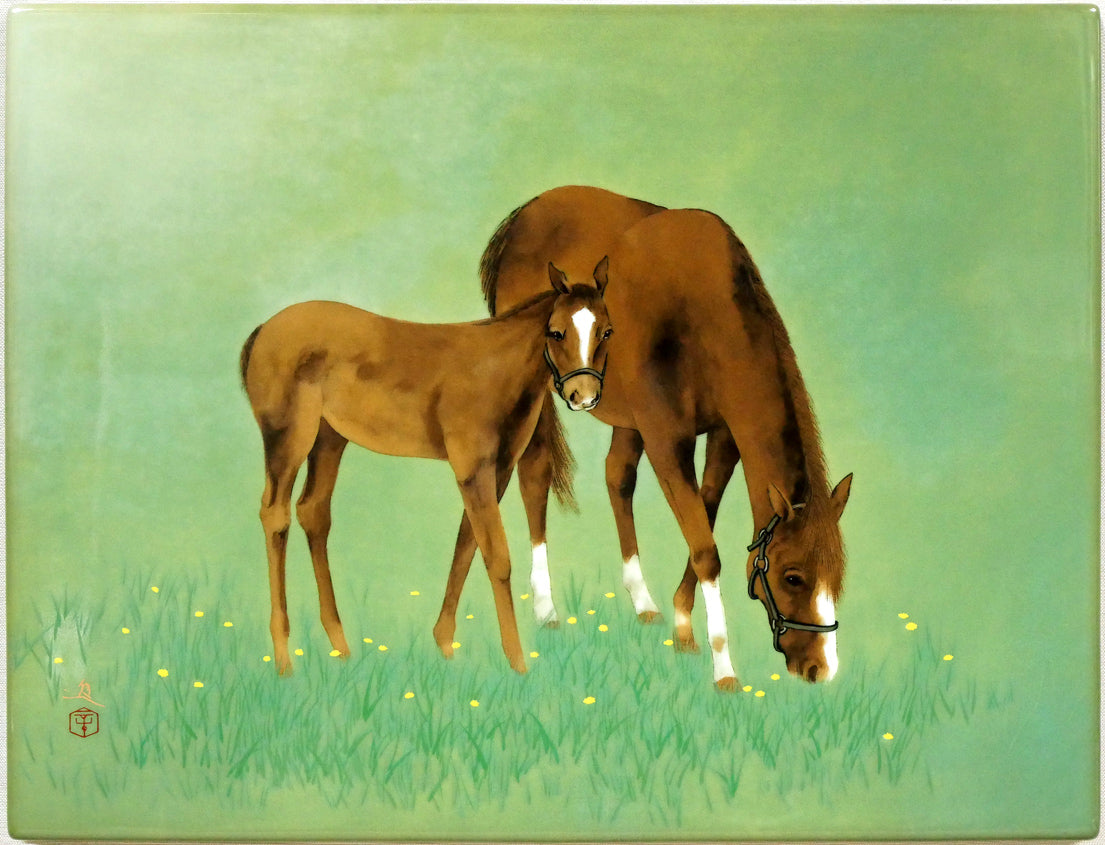 牧進「日高の早春(縁起十二支「午(馬)」」陶板画額装 作品全体画像