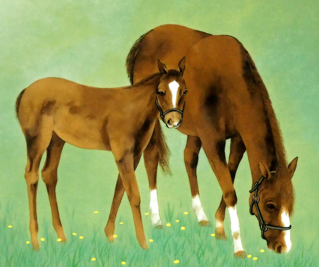 牧進「日高の早春(縁起十二支「午(馬)」」陶板画額装 拡大画像1