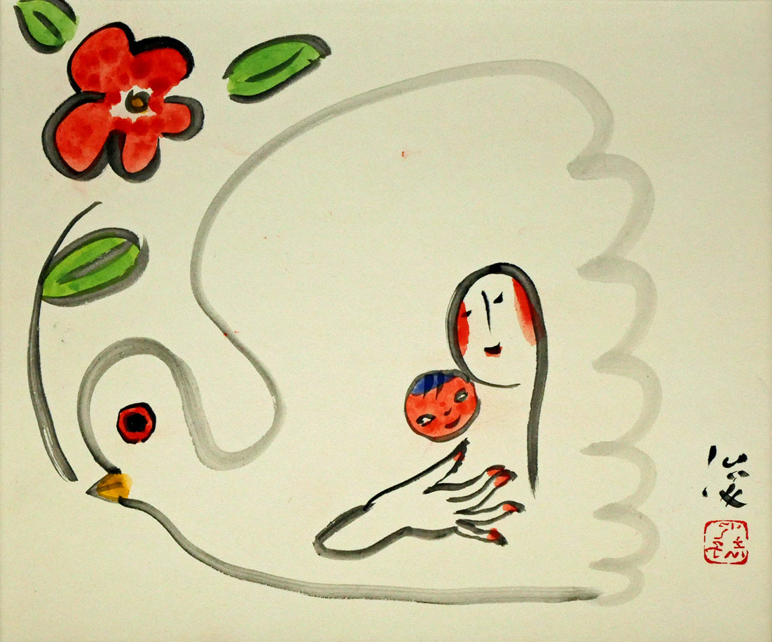 丸木俊「鳩と母子像」墨彩画 作品全体画像