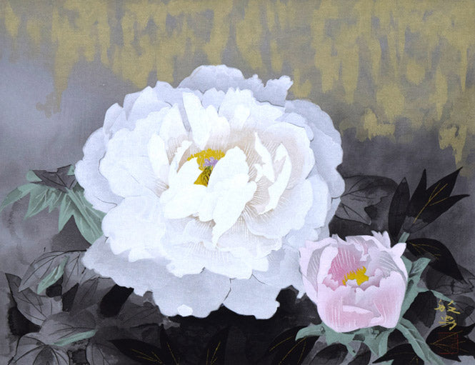 松尾敏男「牡丹晨光」木版画 作品全体画像