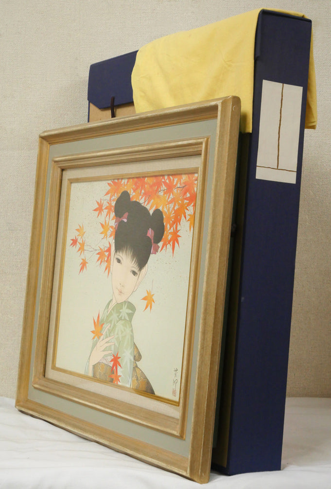三國芳郎「花暦シリーズ もみじ」彩色・F6号 付属品画像(黄袋、布タトウ箱)