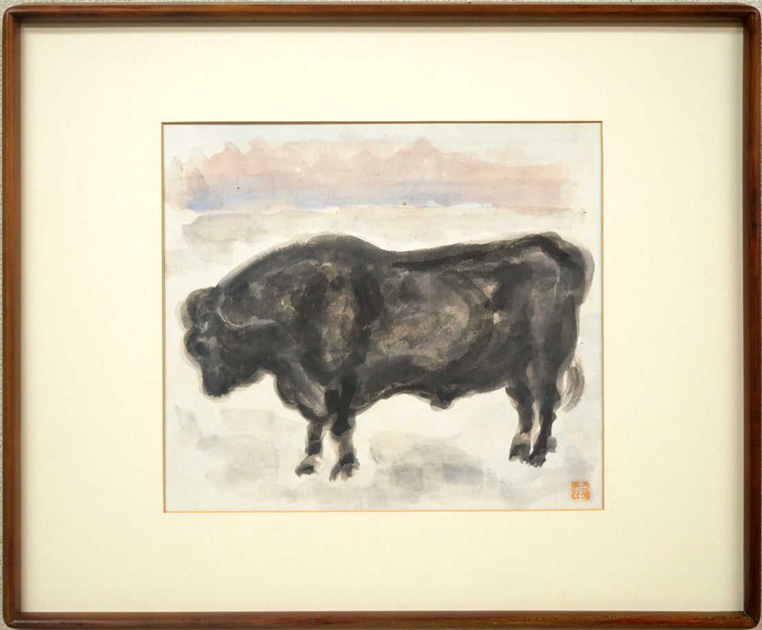 峯孝「新冠牧場にて(牛)」水彩画・色紙額装