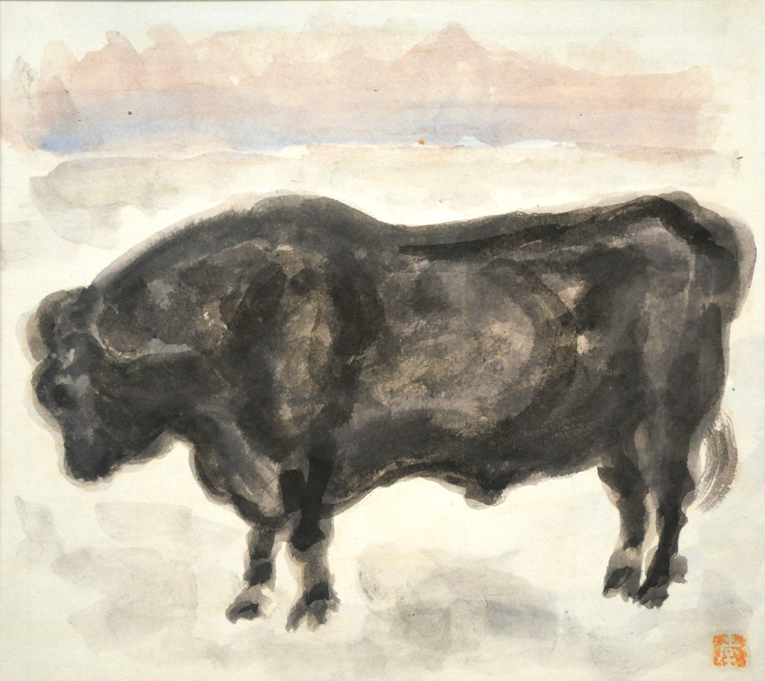 峯孝「新冠牧場にて(牛)」水彩画・色紙額装 作品全体画像