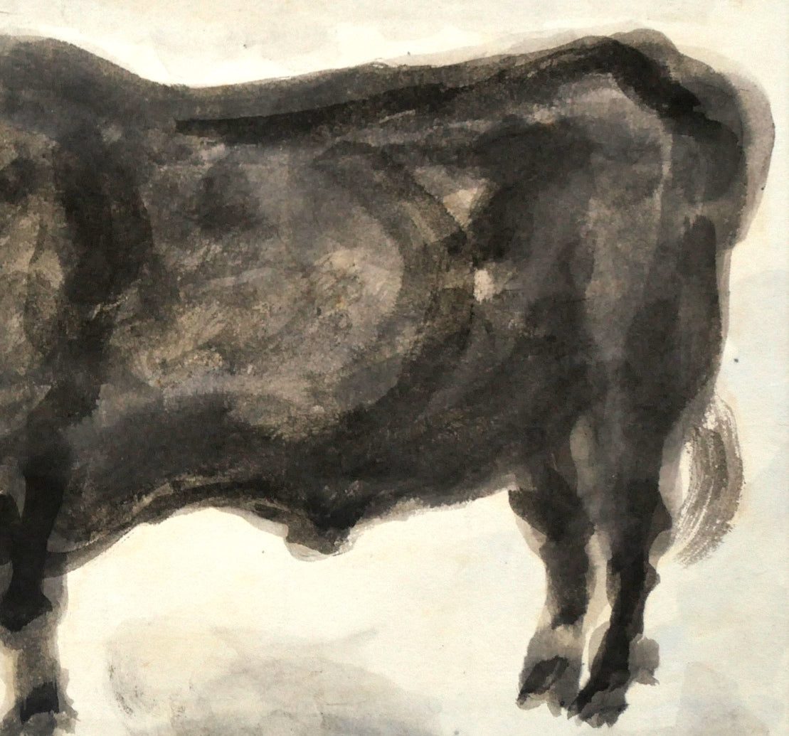 峯孝「新冠牧場にて(牛)」水彩画・色紙額装 拡大画像2