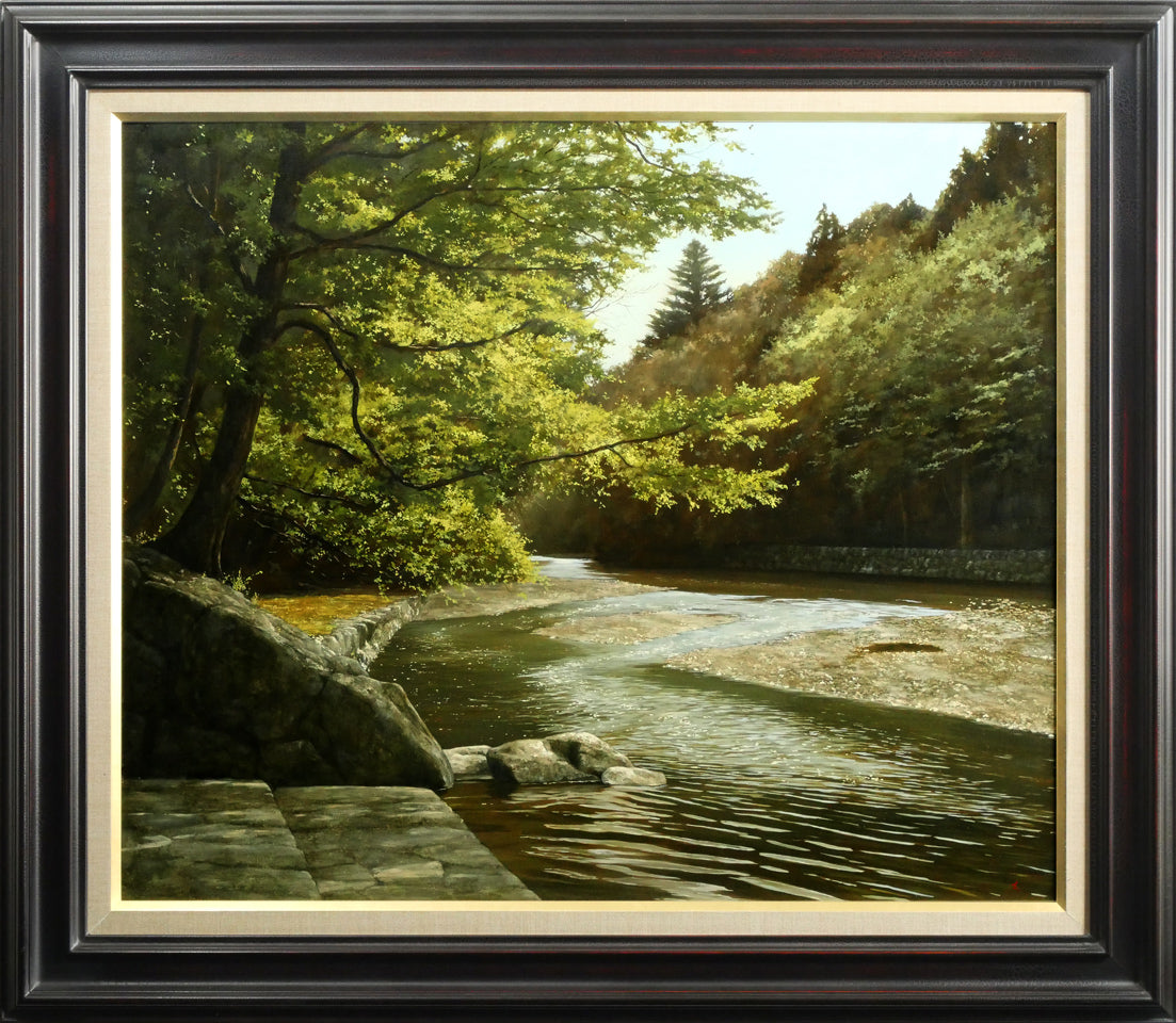 身野友之「新緑の五十鈴川(伊勢神宮)」油絵・F20号