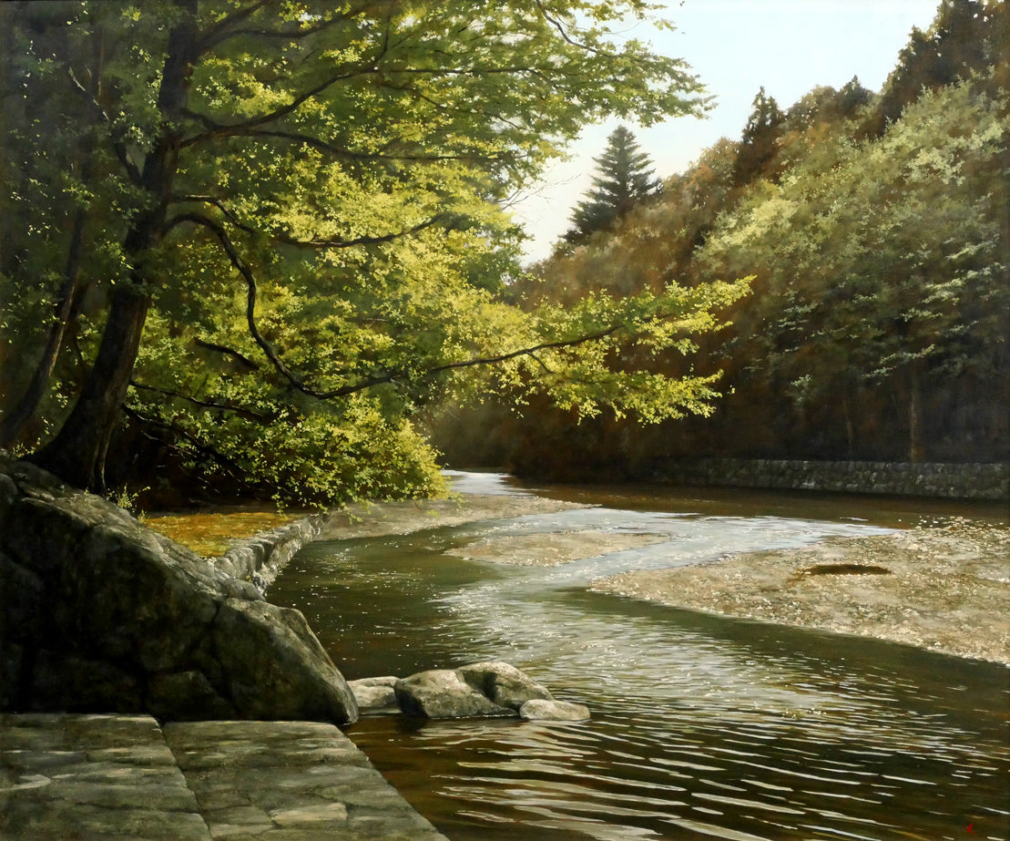 身野友之「新緑の五十鈴川(伊勢神宮)」油絵・F20号 作品全体画像