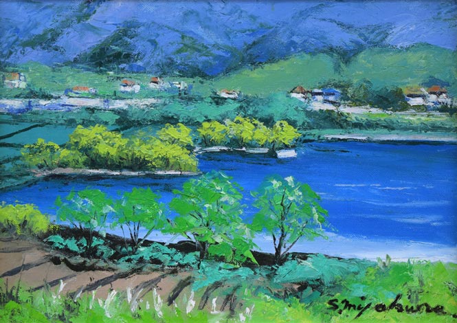 宮倉靖三「安曇野(木崎湖・長野県)」油絵・F4号 作品全体拡大画像