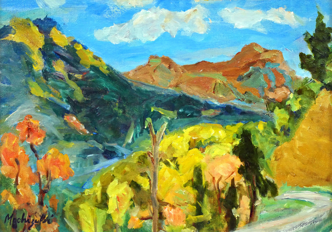 望月正男「釧北峠(阿寒富士と雌阿寒岳)」油絵・F4号 作品全体画像